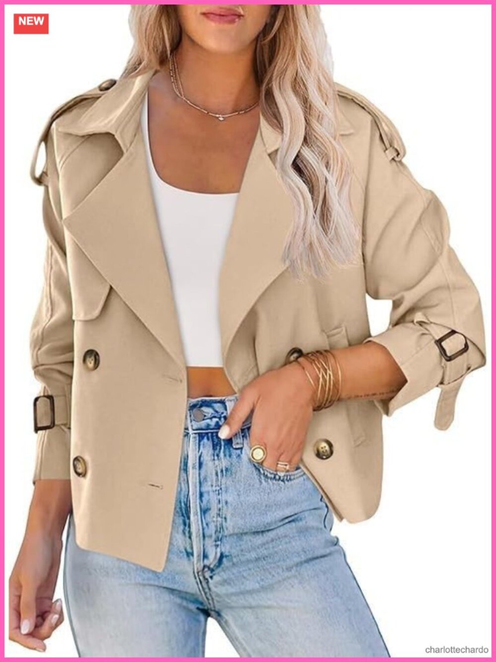 Cropped Double-Breasted Trench Coat Polyester Blend Women's Short Jacket